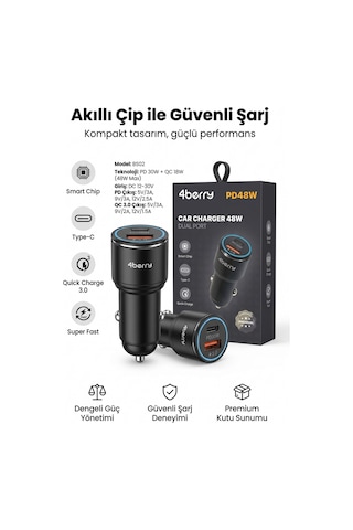 Bs02 Pd48w Dual Port Araç Şarj Cihazı Type-c Pd30w + Usb-a Qc3.0 48w Hızlı Şarj Adaptörü