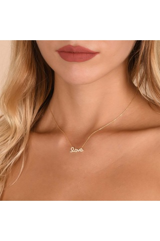 Zirkon Taşlı Pırlanta Montür Altın Kaplama Love Gümüş Kolye