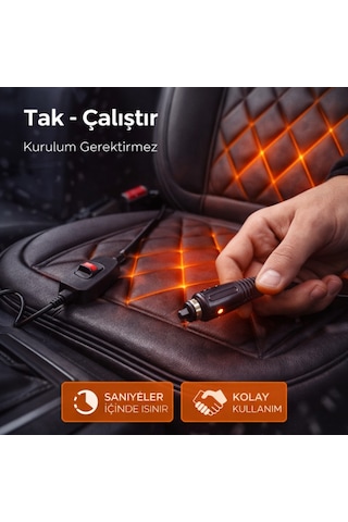 Polham 12v Isıtmalı Araç İçi Koltuk Minderi 65 C Ye Kadar Güçlü Isıtma Çakmaklık Girişli Tak-çalıştır 1 Adet