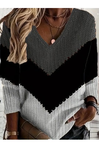 Kadın Uzun Kollu V Yakalı Triko Bluz Antrasit Melanj