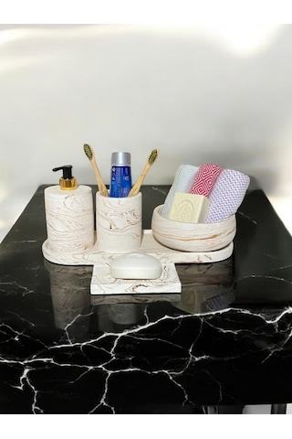 5'lı Banyo Seti Sıvı Sabunluk Diş Fırçalığı,havluluk,tepsi,katı Sabunluk Bej