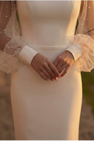 Berissima Bride İnci Detaylı Balon Kol Nikah Elbisesi, Kare Yaka, Kırık Beyaz, Maxi Yırtmaçlı Etek, Celia Kırık Beyaz Kırık Beyaz