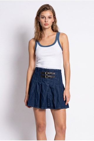 Mixray 2191 Kadın Çift Tokalı Pilili Yüksek Bel Denim Mini Etek Lacivert