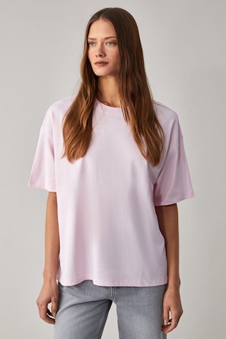 Grimelange LAGERTHA  Kadın %100 organik Pamuklu Kalın Dokulu Oversize Fit Yuvarlak Yakalı Açık Pembe T-Shirt