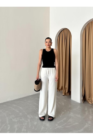 Taş Beli Lastikli Pamuklu Keten Pantolon Taş