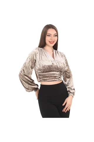 Lodmela Broş Detaylı Kadife Crop 6007-vizon Vizon