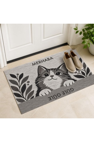 Merhaba Güle Güle Kedili Kapı Paspası, Kaymaz Kauçuk Taban, Makinede Yıkanabilir, Dijital Baskılı Kapı Önü Ve Antre Paspası, Antrasit, 60x90 Cm Diğer