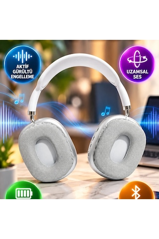 P9 Plus Beyaz Bluetooth Kulak Üstü Kulaklık Uzamsal Ses Ve Aktif Gürültü Engelleme