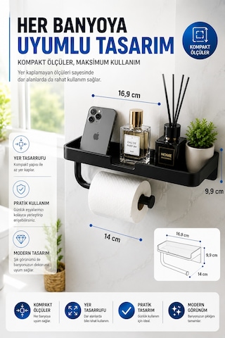 Siyah Yapışkanlı Raflı Tuvalet Kağıdı Askılığı Delmeden Montaj Banyo Organizer Telefon Rafı Askısı
