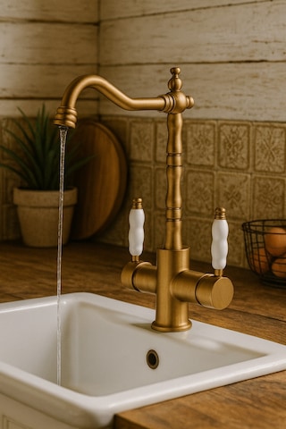 Rena Design Rustik Mat Gold Aritmali 3 Yollu Mutfak Evye Batarya Prinçlüks Musluk Garanti Porselen Kol Armatür
