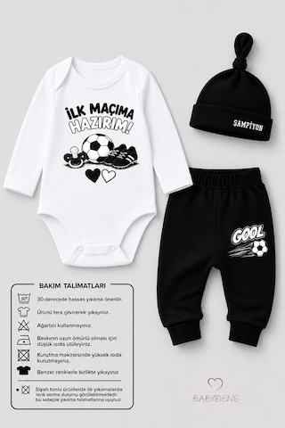 Babyden's Bebek 3'lü Takım Siyah Beyaz Taraftar Temalı Uzun Kol %100 Pamuk Yenidoğan Seti İlk Maçıma Hazırım