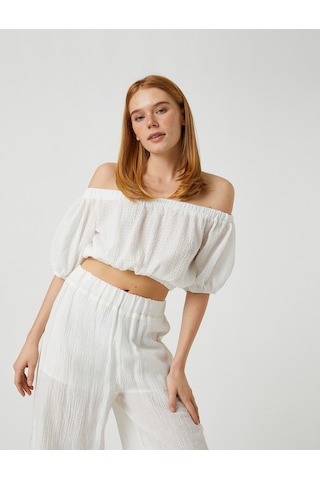 Koton Crop Bluz Omzu Açık Balon Kollu Beyaz 3sak60136cw 3SAK60136CW000
