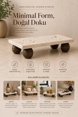 Dikdörtgen Akasya Top Ayaklı Traverten Sunumluk Sunum Tabağı 12x24 Cm Bej