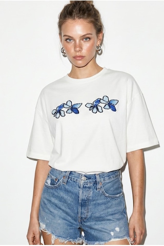 Shade Kadın Bisiklet Yaka Taş Baskı Detaylı Oversize Pamuklu T-shirt Öt100013 60286272 - Beyaz-mavi Beyaz - Mavi