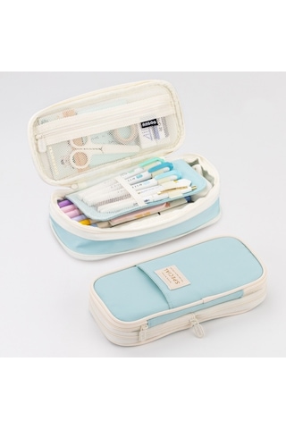 Angoo Macaron Çift Katmanlı Geri Çekilebilir Büyük Kapasiteli Kalem Kutusu Kırtasiye Kutusu Açık Mavi