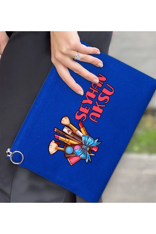Bk Gift Kişiye Özel İsimli-3 Astarlı Mavi Portföy Çanta 30x21cm, Baskılı El Çantası, Organizer Çanta