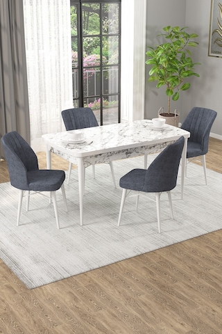 Arel Beyaz Mermer 80x132 Açılabilir Mdf Masa Yemek Odası Takımı, Mutfak Takımı 4 Adet Sandalye Beyaz Mermer - 4 Füme - Beyaz Ayak