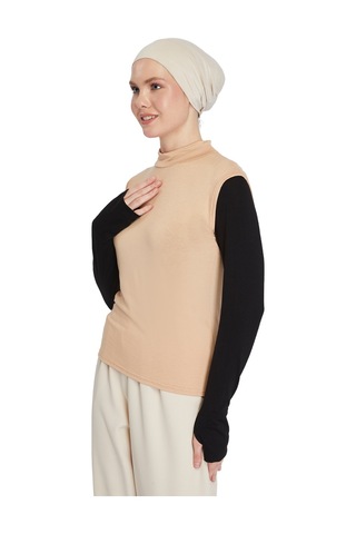 Organik Kolsuz Balıkçı Yaka Likralı Kadın Sıfır Kol Body Koyu Bej