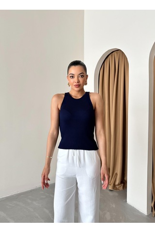 Beyaz Beli Lastikli Pamuklu Keten Pantolon Beyaz