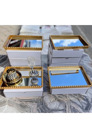 1 Adet Dikdörtgen Cam Aynalı Plastik Gold Tepsi Sunum Tepsisi 19
