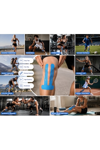 Elitemed Wellness Profesyonel Acl Ve Patella Diz Kapağı Destek Ve Stabilizasyon Bantları - 5 Adet Hazır Kesilmiş Siyah Kinezyoloji Bant