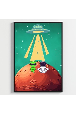 Besay Kozmik Dostluk Modern Çocuk Odası Duvar Dekorasyonu Ufo Ve Gezegen İllüstrasyonlu Komik Tablo Seti 3'lü Set A2 Çerç
