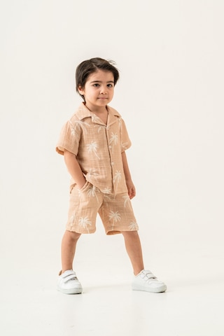 2'li Erkek Çocuk Kahve Rengi Desenli Keten Şortlu Takım-1184 Kahverengi