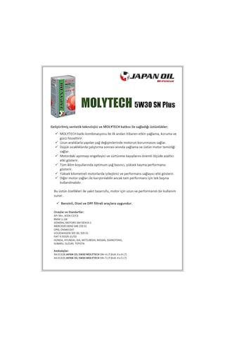 Japan Oil Molytech Sn+ Plus Tam Sentetik 5W-30 Motor Yağı 4 L