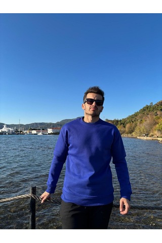 Bisiklet Yaka Düz Lacivert Sweatshirt Lacivert