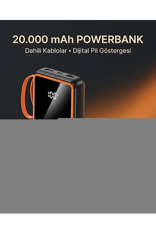 Telefon Ve Mobil Cihaz Uyumlu 20000 Mah Powerbank Dahili Kablolu Dijital Göstergeli