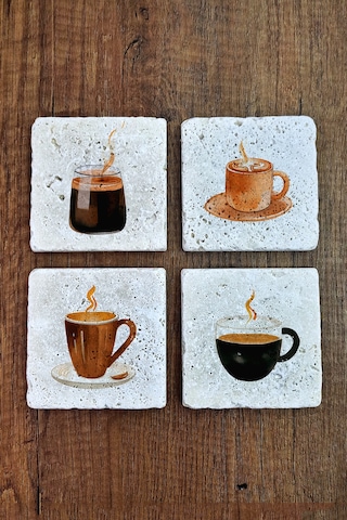 Kahve Ve Çay Temalı Doğal Taş Bardak Altlığı - Stone Coasters Çok Renkli