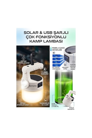Kamptek Güneş Enerjili Solar Kamp Lambası - Led El Feneri Işıldak Şarjlı Askılı Kamp Doğa Bahçe Dış Mekan Aydınlatması Beyaz