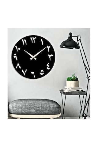 Arapça Duvar Saati Siyah Mdf Duvar Dekorasyon 30x30 Cm