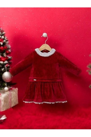 Cantoy Kız Bebek Kırmızı Kadife Tasarım Elbise-15216 Kırmızı