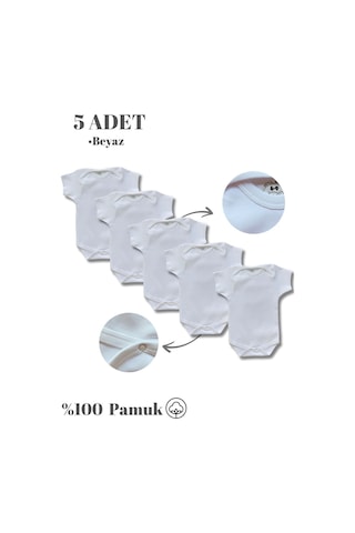 Betül Bebek Kısa Kollu 5'li Organik Pamuk Çıtçıtlı Bebek Body&zıbın 5 Adet Beyaz