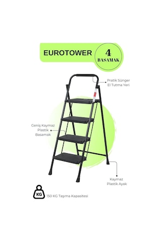 Eurotower 4 Basamak Özel Tasarım Geniş Basamaklı Siyah Merdiven 3+1