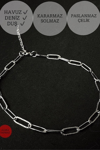 Parlak Kabartmalı Paperclip Ataş Zincir Silver Renk Çelik Halhal Sevgili Takı Koleksiyonu Silver Gümüş