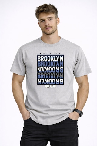 Herkesemoda Brooklyn Yazı Detaylı Erkek Basic T-shirt Gri