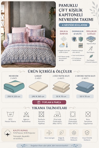 Halley Home Pamuklu Çift Kişilik Kapitone 4 Mevsim Nevresim Takımı Çok Renkli