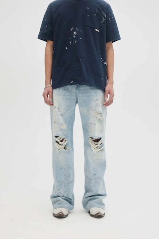 Domrebel Quack Bootcut Jeans: Özgün Dom Rebel Tasarımlı Rahat Kesim Yırtık Kot Pantolonlar Açık Mavi