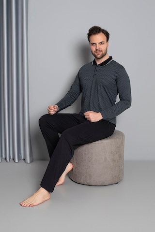 Erkek Düğmeli Desenli Uzun Kollu Pijama Takımı 16585 Gri Gri