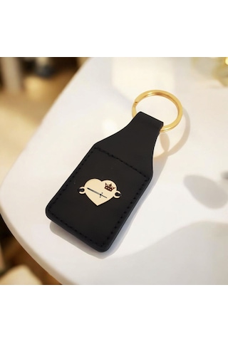 Kılıc Temalı 14 Ayar Altın Plakalı Siyah Derili Kalp Motifli Hediye Anahtarlık-488sembol Altın