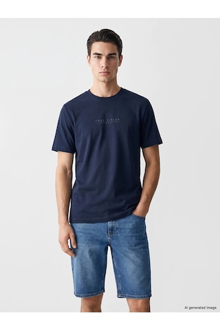 LC Waikiki Lcwaıkıkı Classic Lacivert Bisiklet Yaka Baskılı Erkek Penye Tişört New Navy