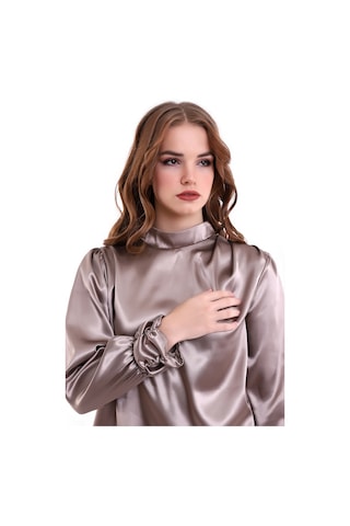 Mois Atelier Vizon Saten Büzgülü-Pileli Bluz, Tasarım, Büyük Beden, Tesettür