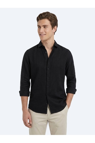 Kip Siyah Düz Regular Fit Uzun Dokuma Casual Pamuk Karışımlı Gömlek