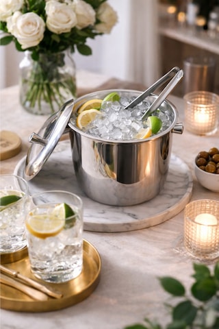 Kapaklı Termoslu Buz Kovası - Kulplu Paslanmaz Çelik Ice Bucket Gri