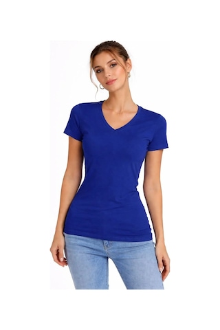 Tarzyeri Kadın V Yaka Tişört Kısa Kol Slim Fit T-shirt 2'li Set Saks Mavisi-ekru Çok Renkli