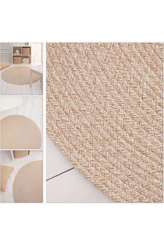 Ocean Home Textile Yıkanabilir Bej Kırçıllı Pamuklu Halı Kilim 120 Cm Çap