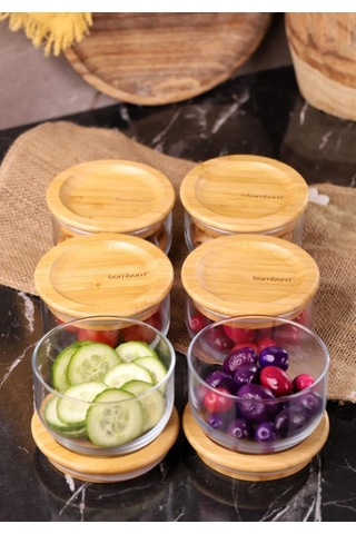 Bambum Duo 300ml 6'lı Bambu Kapaklı Cam Kahvaltılık Seti