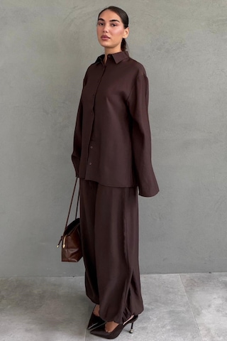 Madmext Kahverengi Oversize Gömlek Balon Pantolon Kadın Takım Mg2779